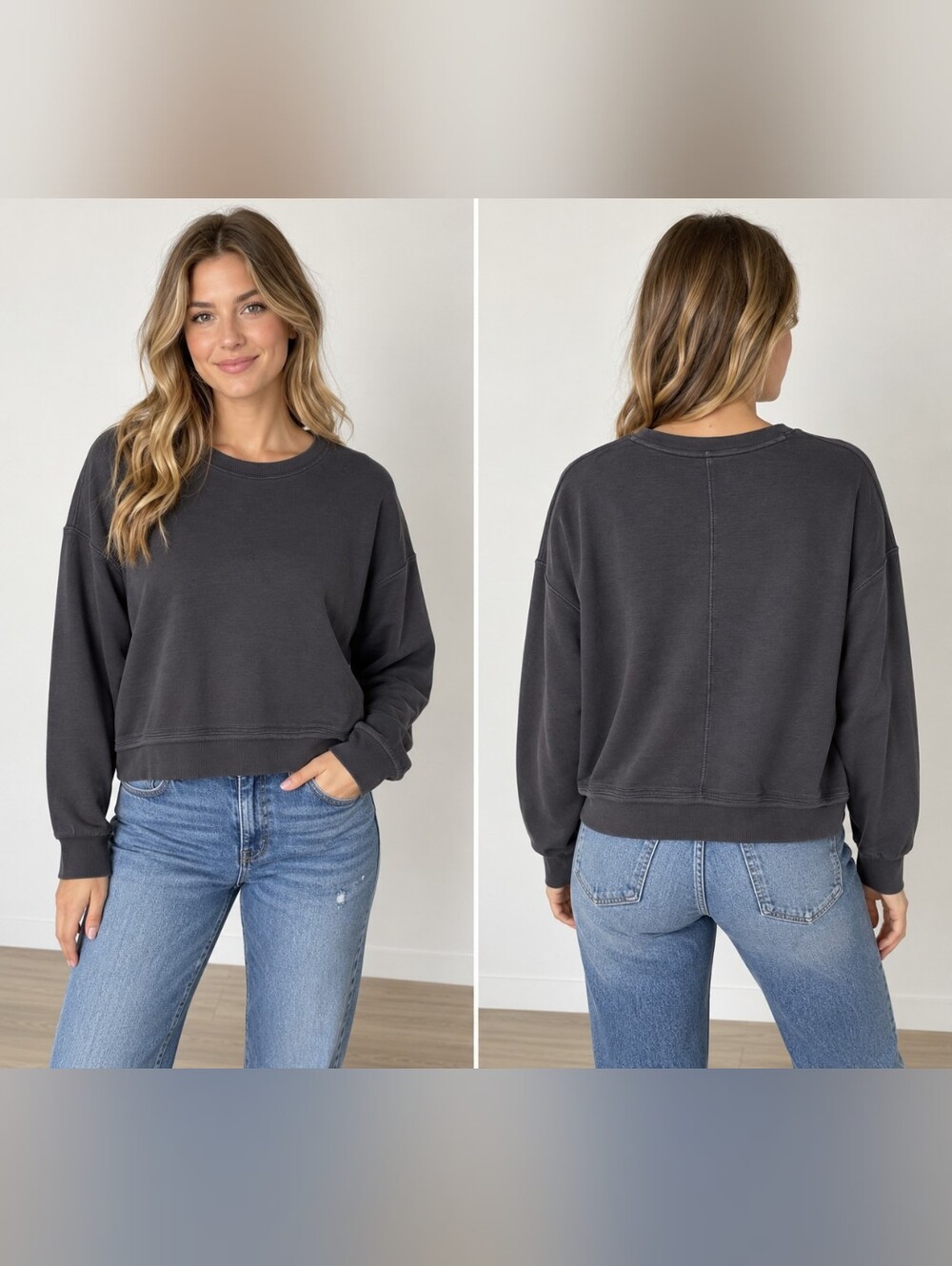 Athleta XS Charcoal Gray Relaxed Crewneck Sweatshirt Pullover Boxy